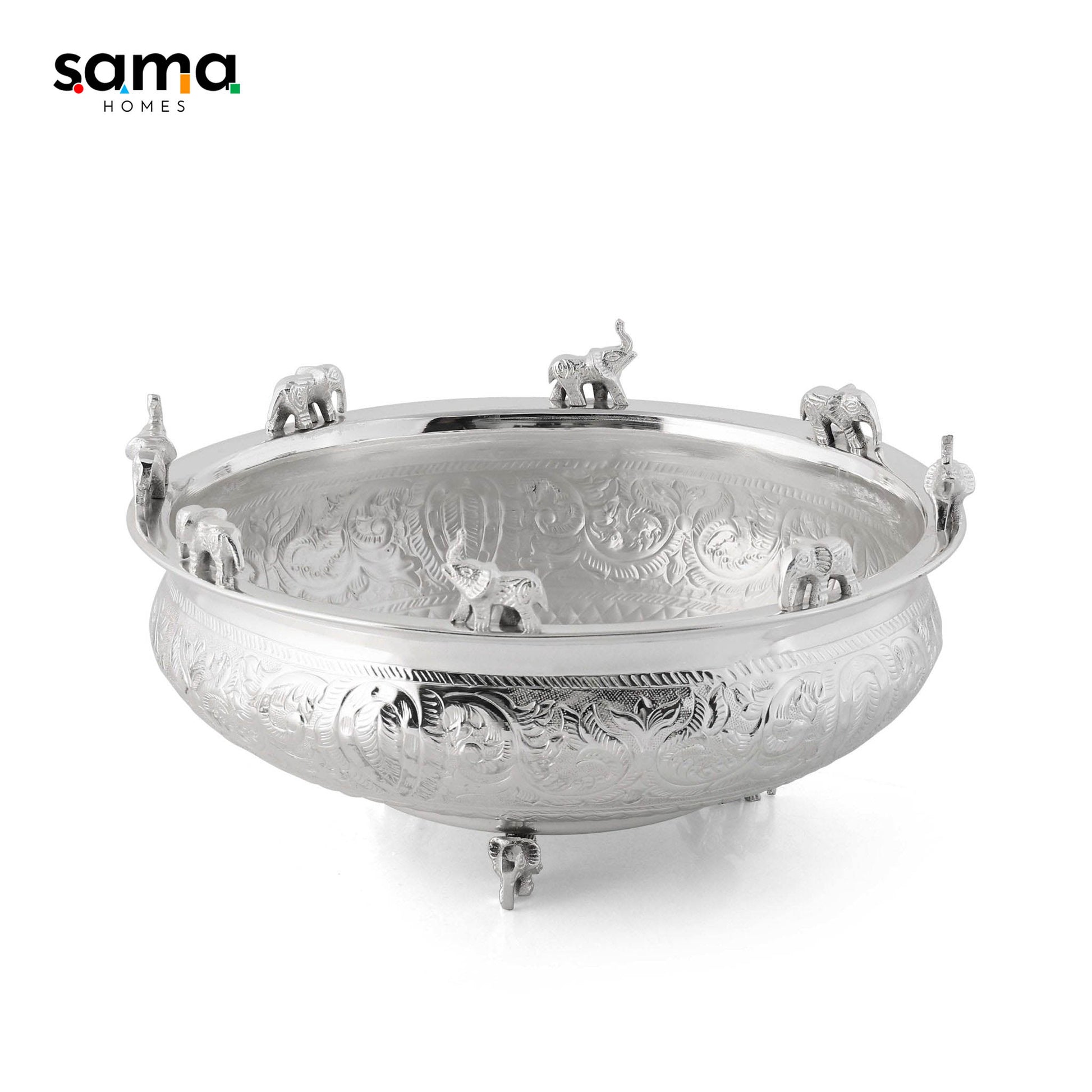 Home Decor | Brass Urli Silver Finish | Elephants Style-0