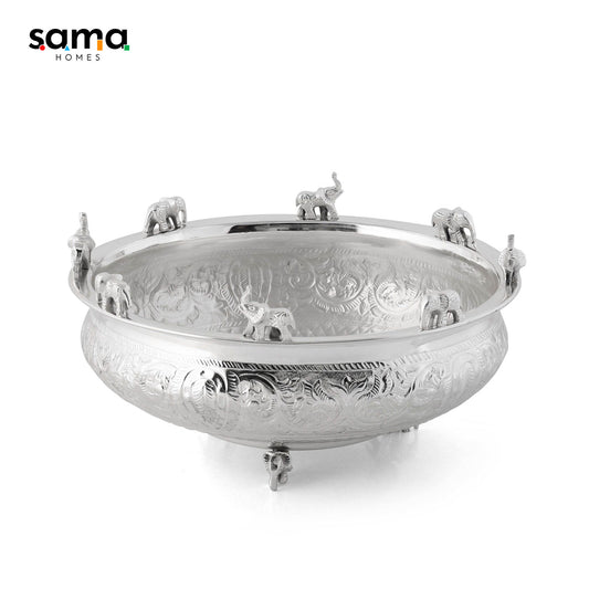 Home Decor | Brass Urli Silver Finish | Elephants Style-0