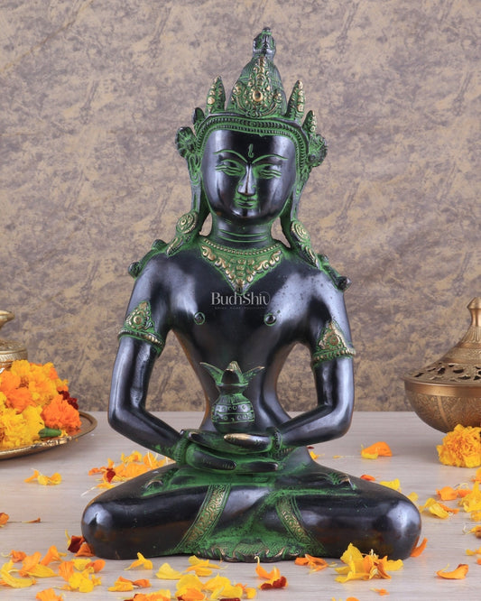 Pure Brass Meditating Buddha Statue - Antique black and green Finish, 13" Height-0