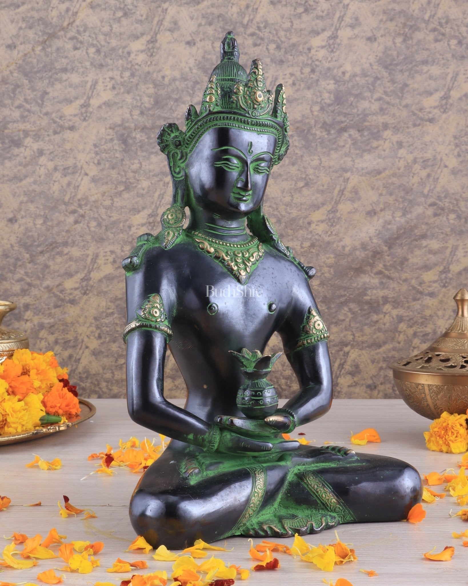 Pure Brass Meditating Buddha Statue - Antique black and green Finish, 13" Height-4