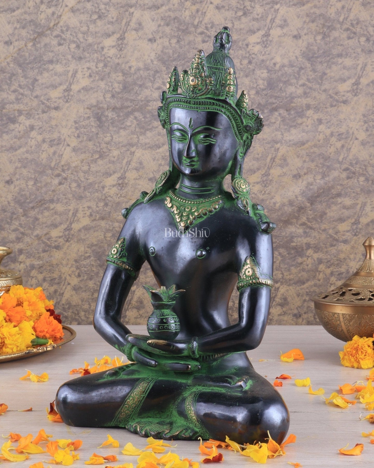 Pure Brass Meditating Buddha Statue - Antique black and green Finish, 13" Height-2