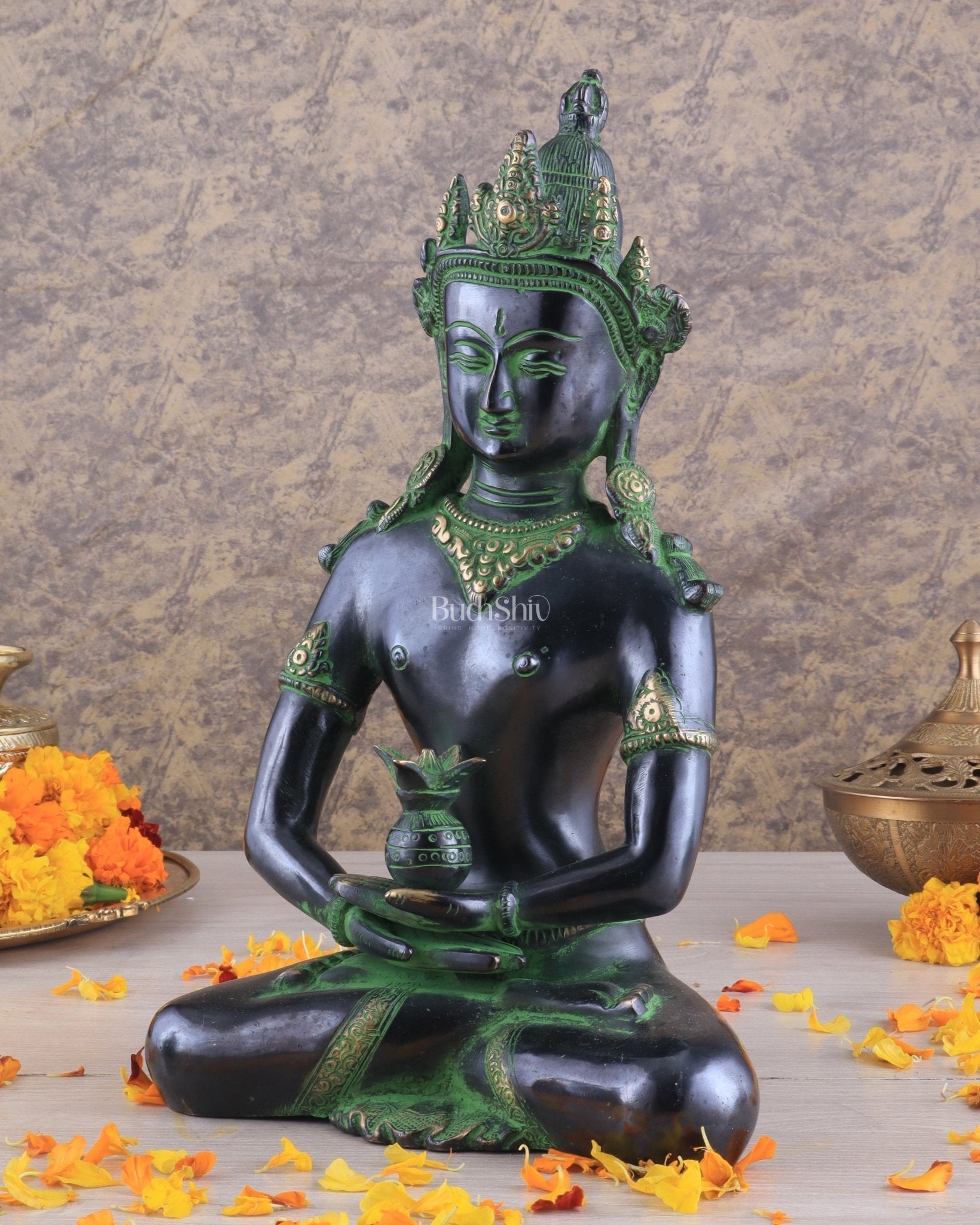 Pure Brass Meditating Buddha Statue - Antique black and green Finish, 13" Height-2
