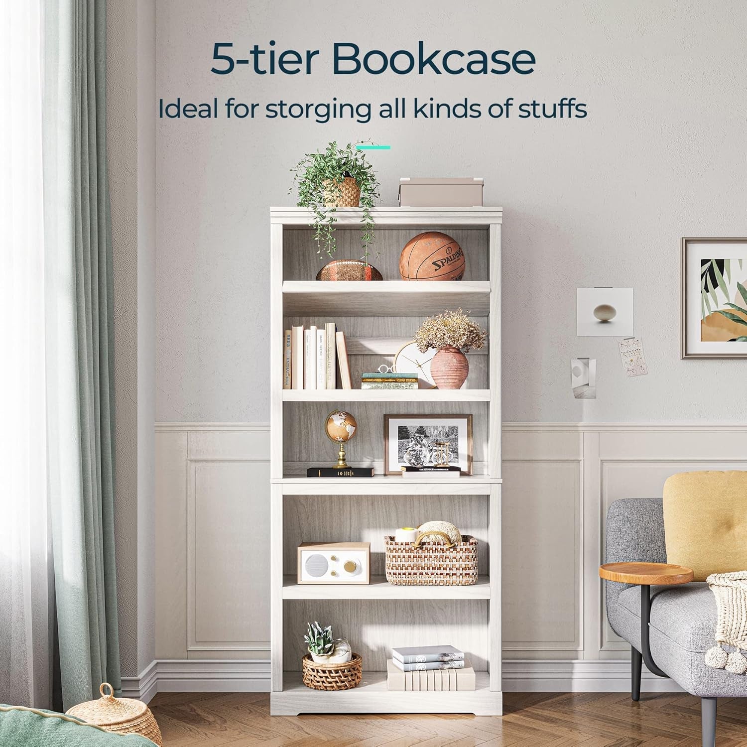 5-Shelf Bookcase, Bookshelves Floor Standing Display Storage Shelves 68 in Tall Bookcase Home Decor Furniture for Home Office, Living Room, Bed Room - White Oak-3