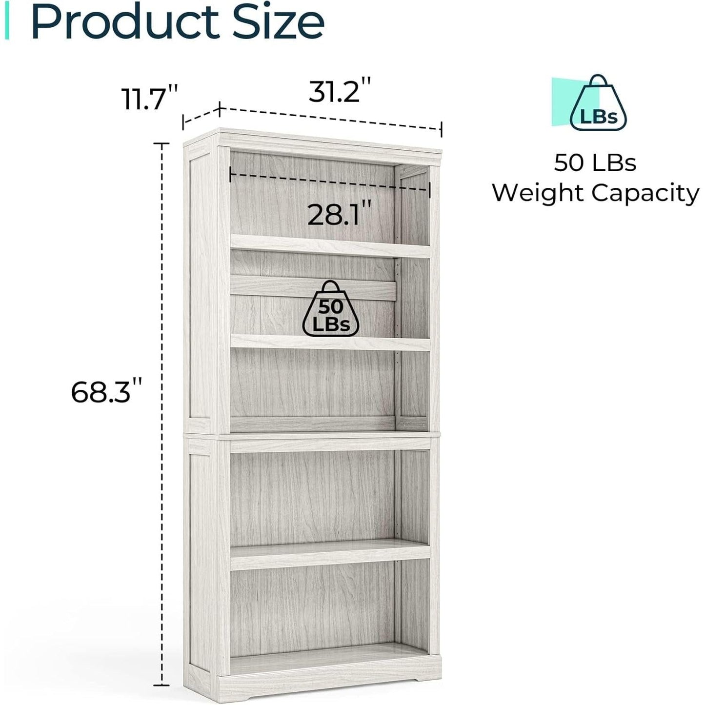 5-Shelf Bookcase, Bookshelves Floor Standing Display Storage Shelves 68 in Tall Bookcase Home Decor Furniture for Home Office, Living Room, Bed Room - White Oak-2