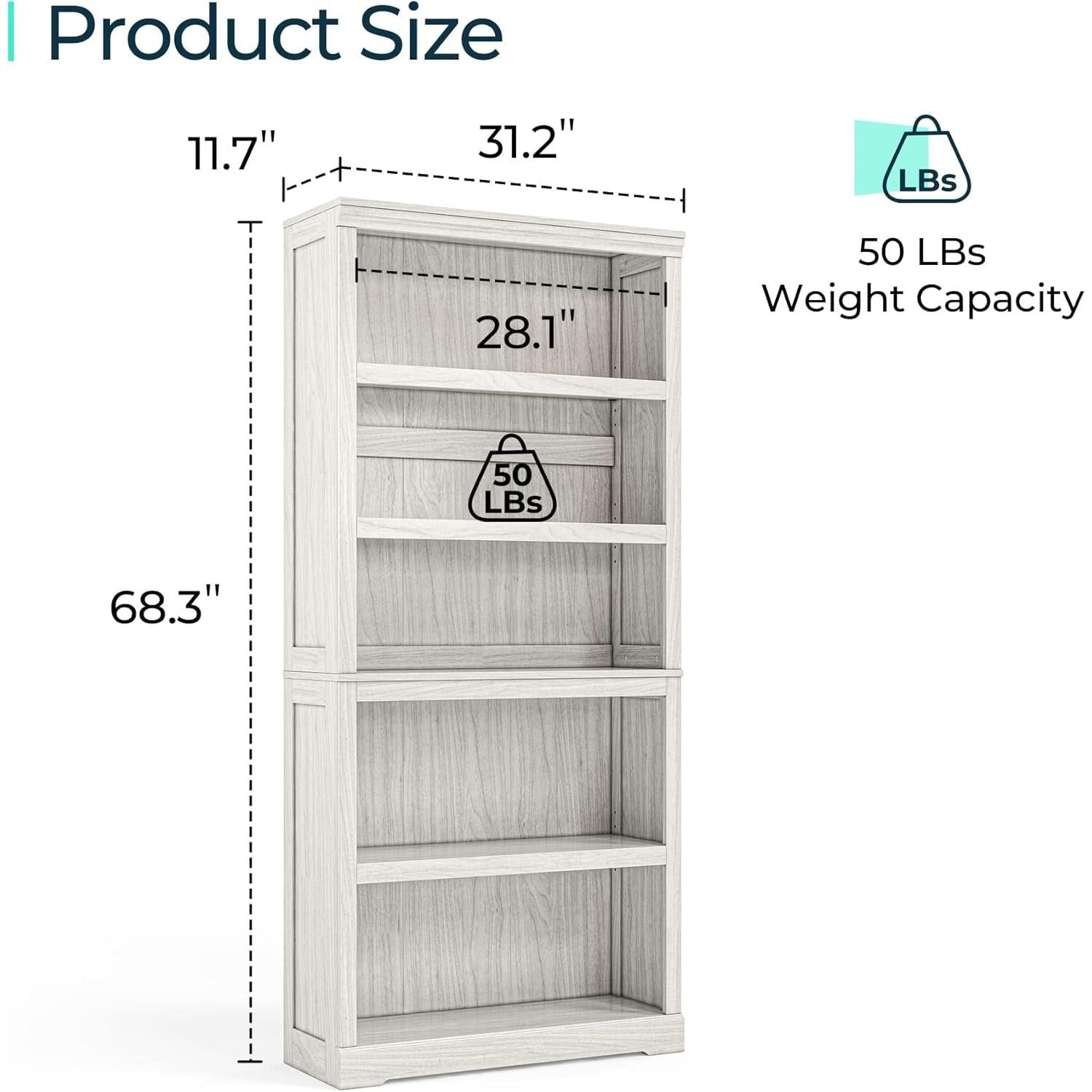 5-Shelf Bookcase, Bookshelves Floor Standing Display Storage Shelves 68 in Tall Bookcase Home Decor Furniture for Home Office, Living Room, Bed Room - White Oak-2