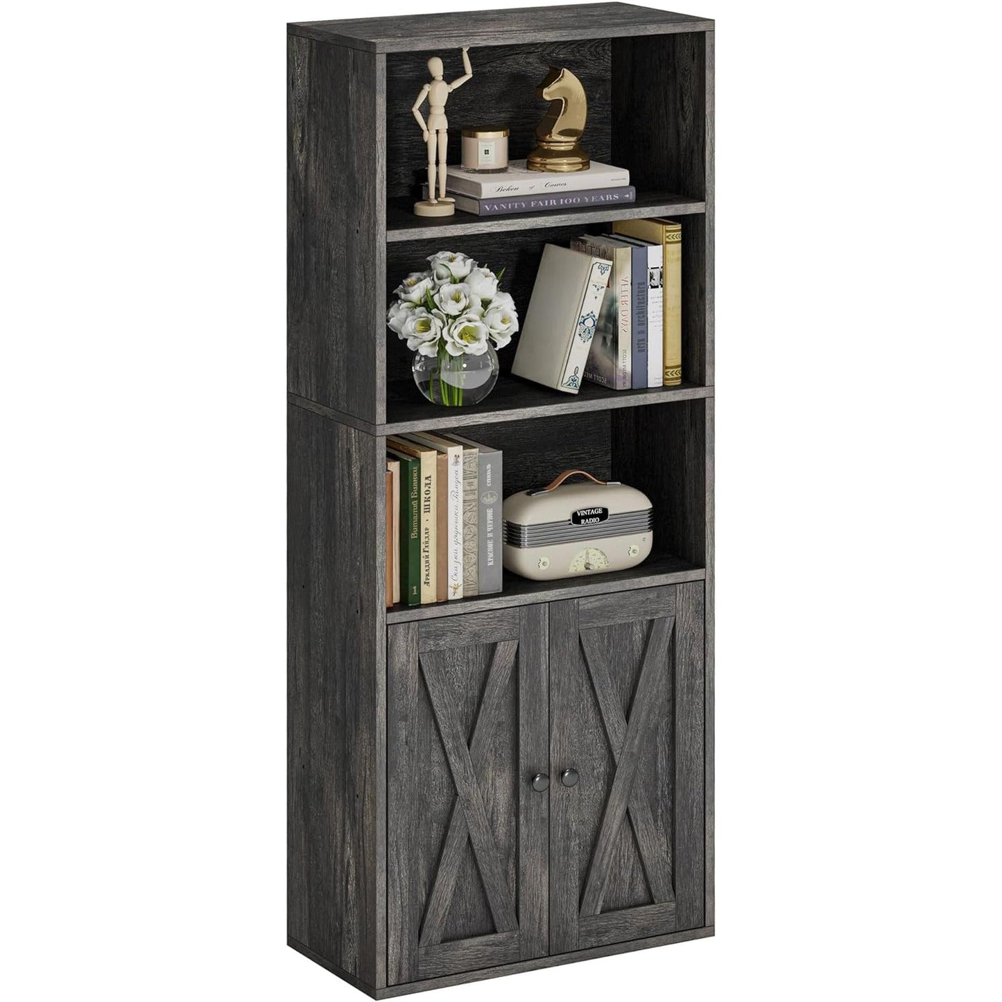 Industrial Bookshelves and Bookcases with Doors 11.8 in Depth Floor Standing 5 Shelf Display Storage Shelves Bookcase Home Decor Furniture for Home, Office, Living Room, Bedroom-0