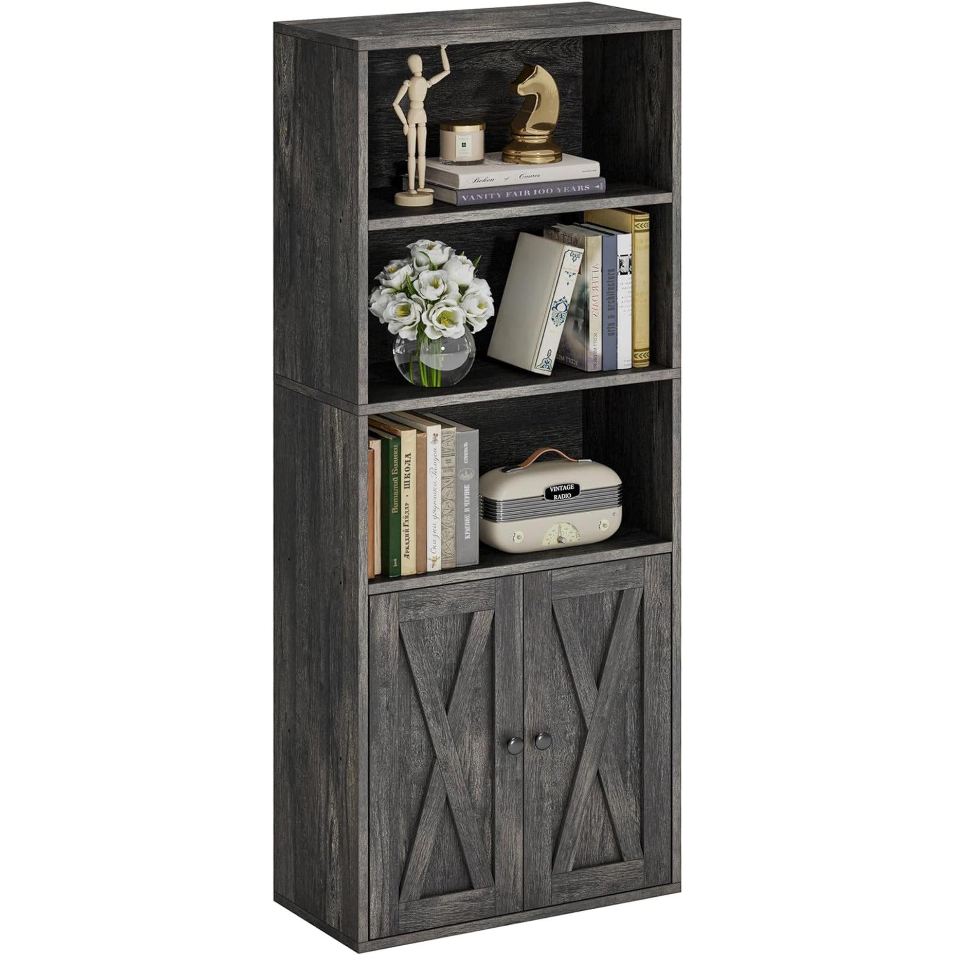 Industrial Bookshelves and Bookcases with Doors 11.8 in Depth Floor Standing 5 Shelf Display Storage Shelves Bookcase Home Decor Furniture for Home, Office, Living Room, Bedroom-0